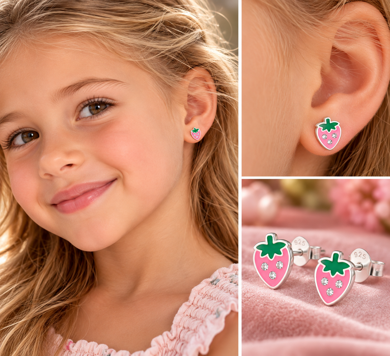 Joy|S - Zilveren aardbei oorbellen - 6 x 7 mm - roze met kristalletjes - kinderoorbellen