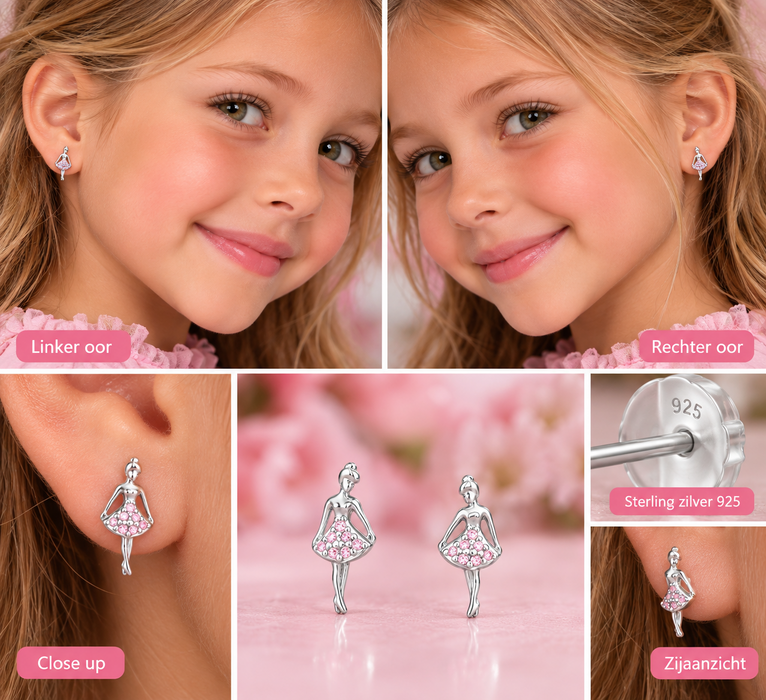 Joy|S - Zilveren ballerina danseres oorbellen - massief - zilver roze met zirkonia - 5.6 x 13 mm - kinderoorbellen - extra zacht sluiting (vlindersluiting met siliconen omhulsel)