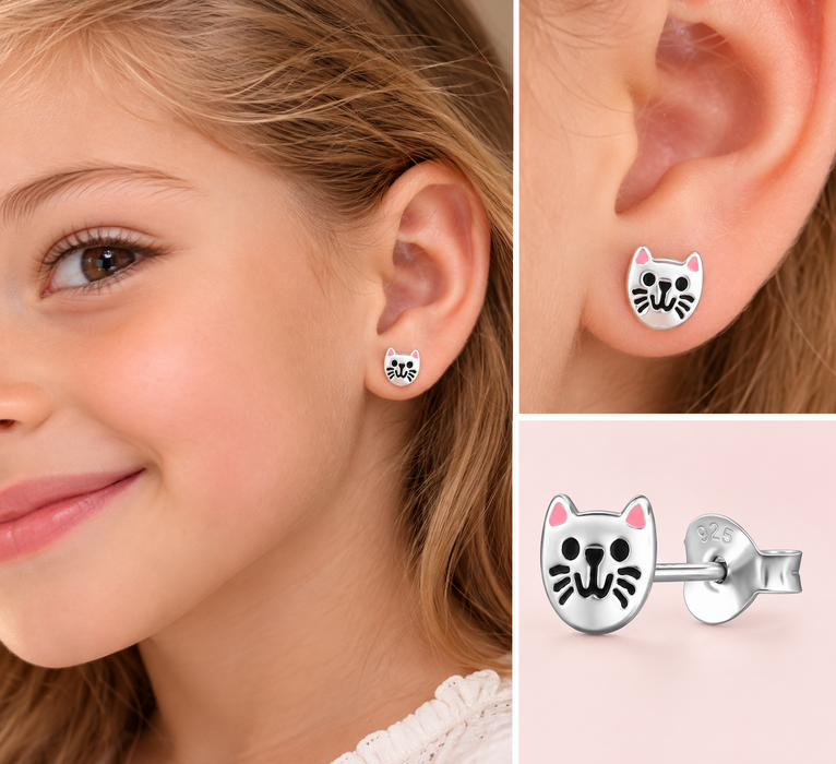 Joy|S - Zilveren kat poes oorbellen - zilver gepolijst met roze oortjes en zwarte accentjes - 6.5 mm - oorknoppen - kinderoorbellen
