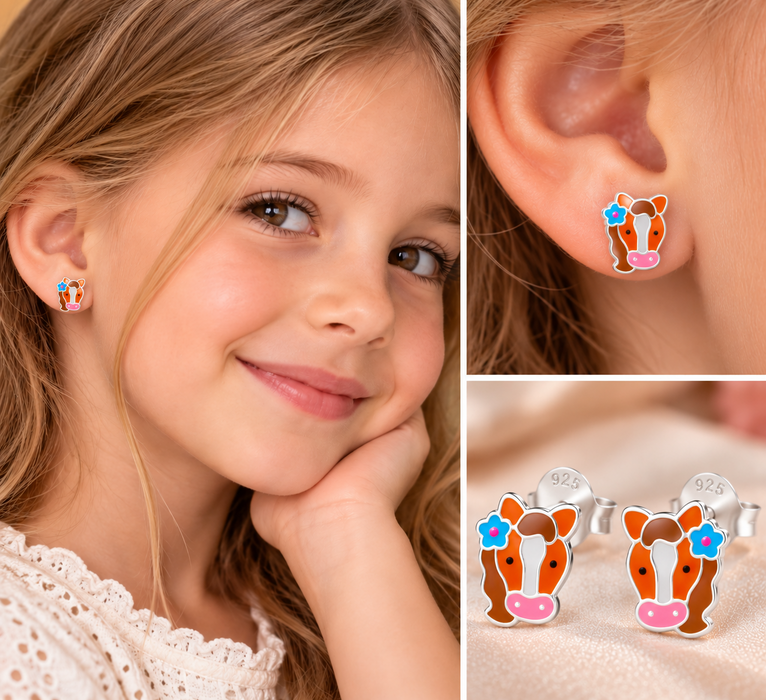 Joy|S - Zilveren paard oorbellen - 7 x 9 mm - bruin paardenhoofd met blauwe bloem - sterling zilver 925 - kinderoorbellen