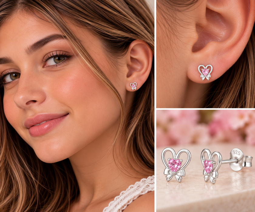 Joy|S - Zilveren hartje oorbellen met strikje - 7.8 x 8.3 mm - roze hartje zirkonia - oorknoppen - sterling zilver 925