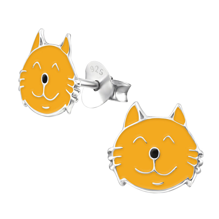 Joy|S - Zilveren kat poes oorbellen - 9 mm - oranje