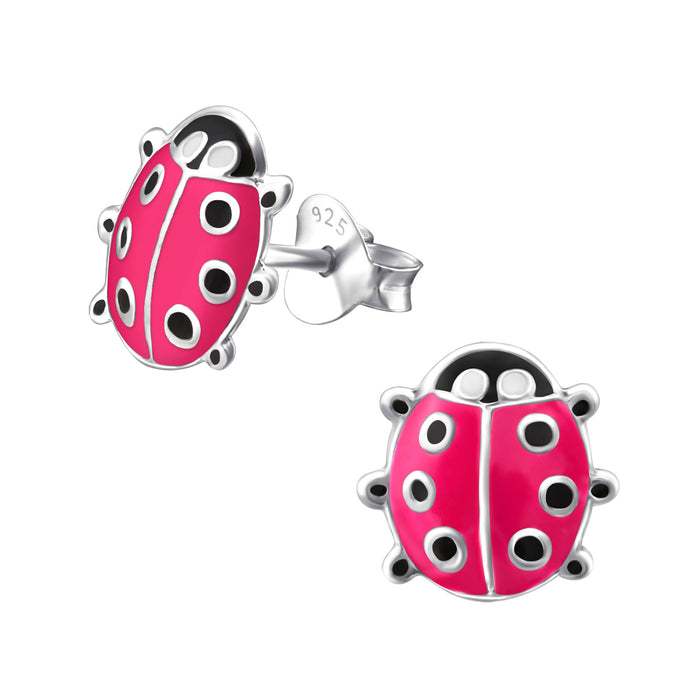 Joy|S - Zilveren lieveheersbeestje oorbellen - 9 x 10 mm - roze met zwarte stipjes