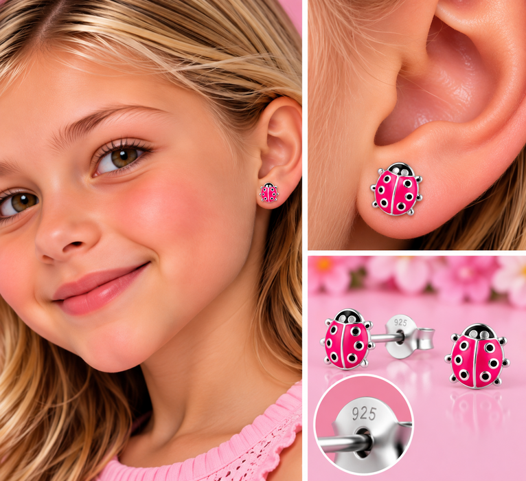 Joy|S - Zilveren lieveheersbeestje oorbellen - 9 x 10 mm - roze met zwarte stipjes - sterling zilver 925