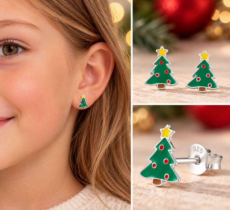 Joy|S - Zilveren kerstboom oorbellen - 9 x 10 mm - groen rood - gele ster - kerst oorknoppen - kinderoorbellen
