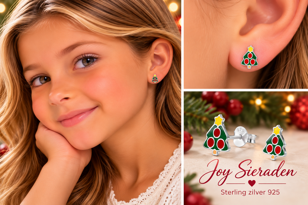 Joy|S - Zilveren kerstboom oorbellen - 8 x 10 mm - kerst oorknoppen met gele ster - kinderoorbellen