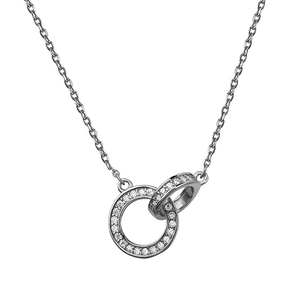Joy|S - Zilveren cirkel link ketting - rhodium - 2 rondjes in elkaar verbonden - zirkonia - 42 tot 45 cm