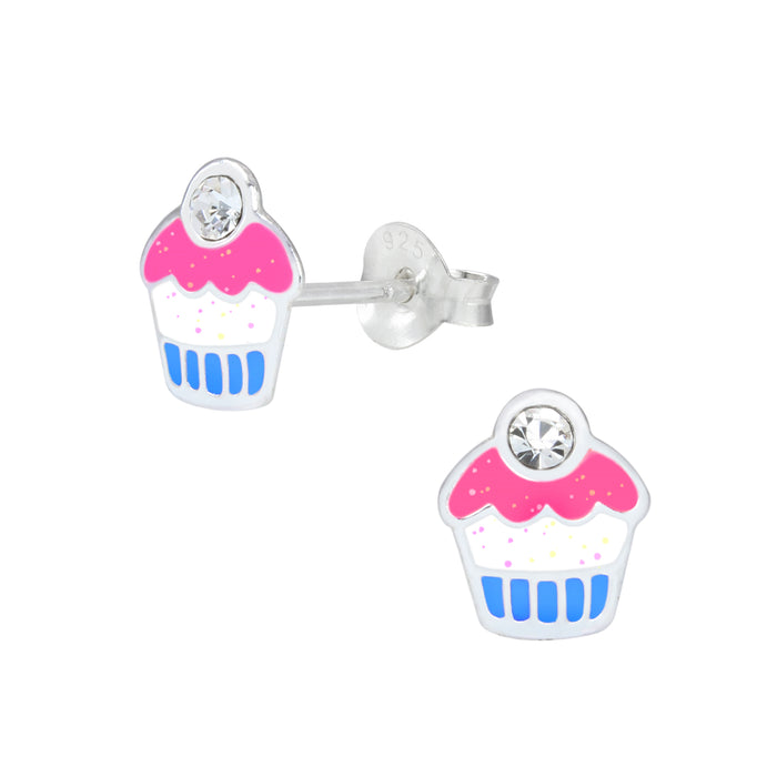 Joy|S - Zilveren cupcake oorbellen 8 mm glitter roze wit blauw