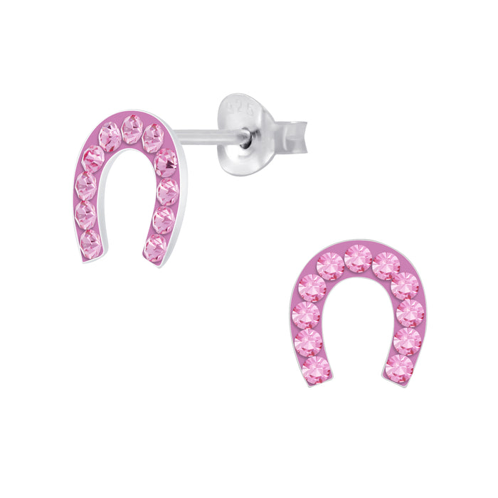 Joy|S - Zilveren hoefijzer oorbellen - roze kristal - 8 mm