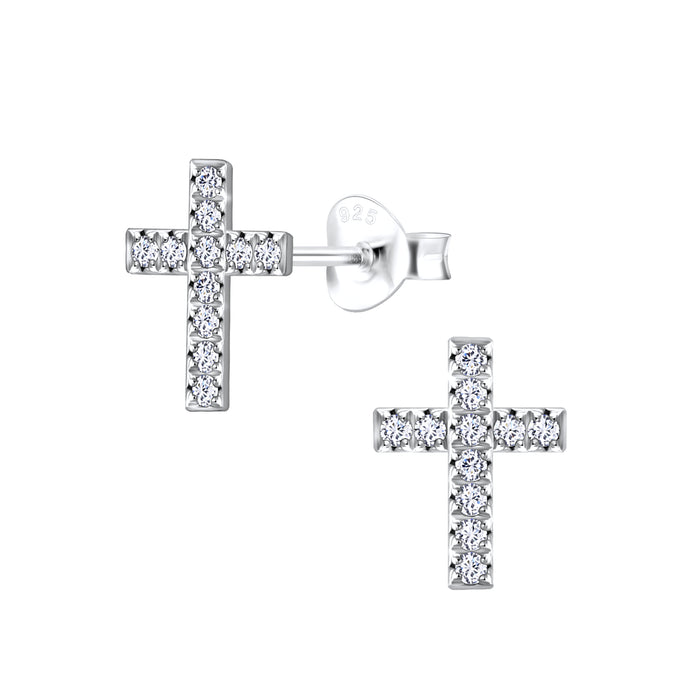 Joy|S - Zilveren kruis oorbellen - ingelegd met zirkonia - 7 x 10 mm