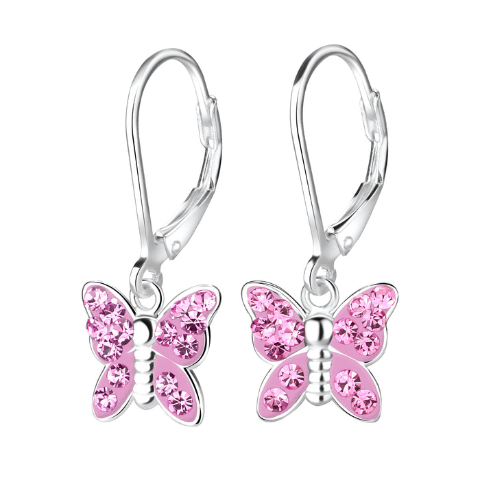 Joy|S - Zilveren vlinder oorbellen - roze kristal - leverback sluiting