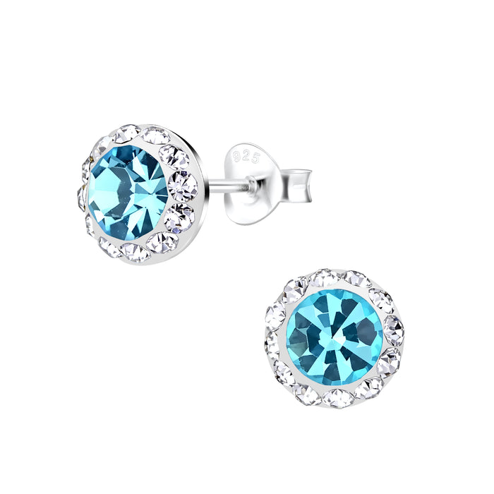Joy|S - Zilveren ronde oorbellen - kristal blauw - 9 mm - elegante oorknoppen