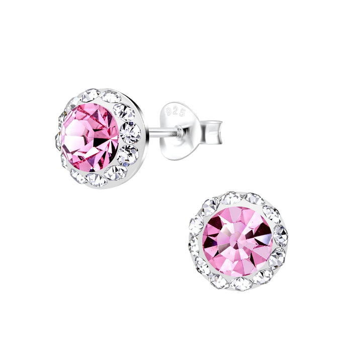 Joy|S - Zilveren ronde oorbellen - kristal roze - 9 mm - elegante oorknoppen