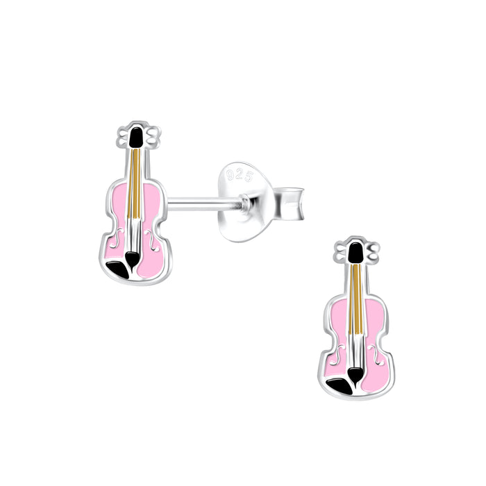 Joy|S - Zilveren viool oorbellen - 4 x 8 mm - roze - kinderoorbellen