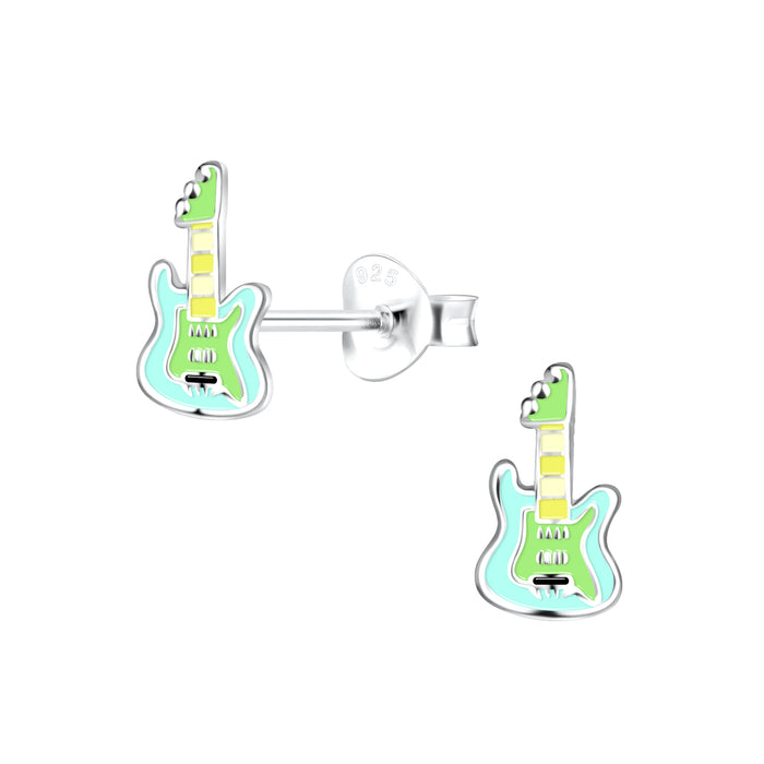 Joy|S - Zilveren gitaar oorbellen - 5 x 9 mm - blauw groen - kinderoorbellen