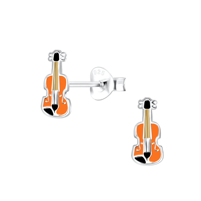 Joy|S - Zilveren viool oorbellen - 4 x 8 mm - bruin / oranje - kinderoorbellen