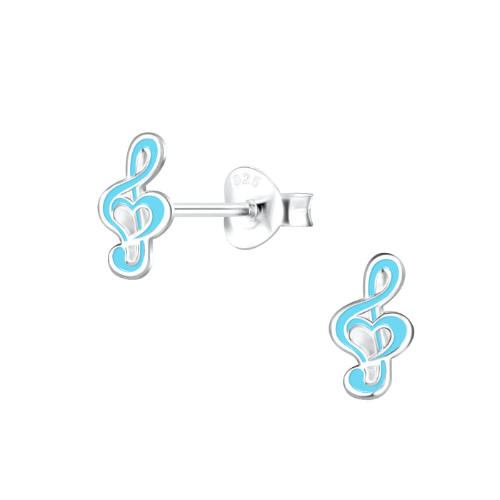 Joy|S - Zilveren muzieknoot oorbellen - G-sleutel - 4 x 8 mm - turquoise blauw - kinderoorbellen