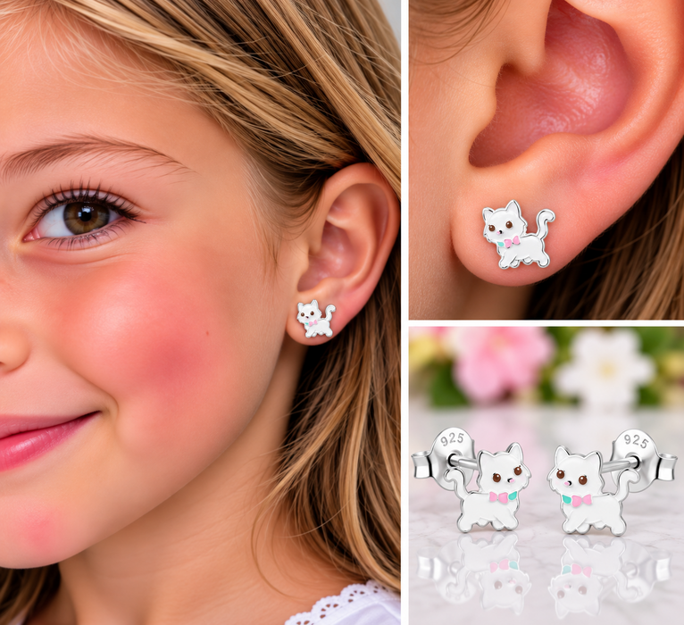 Joy|S - Zilveren kat poes oorbellen - 8 x 7 mm - wit met roze strikje - kinderoorbellen