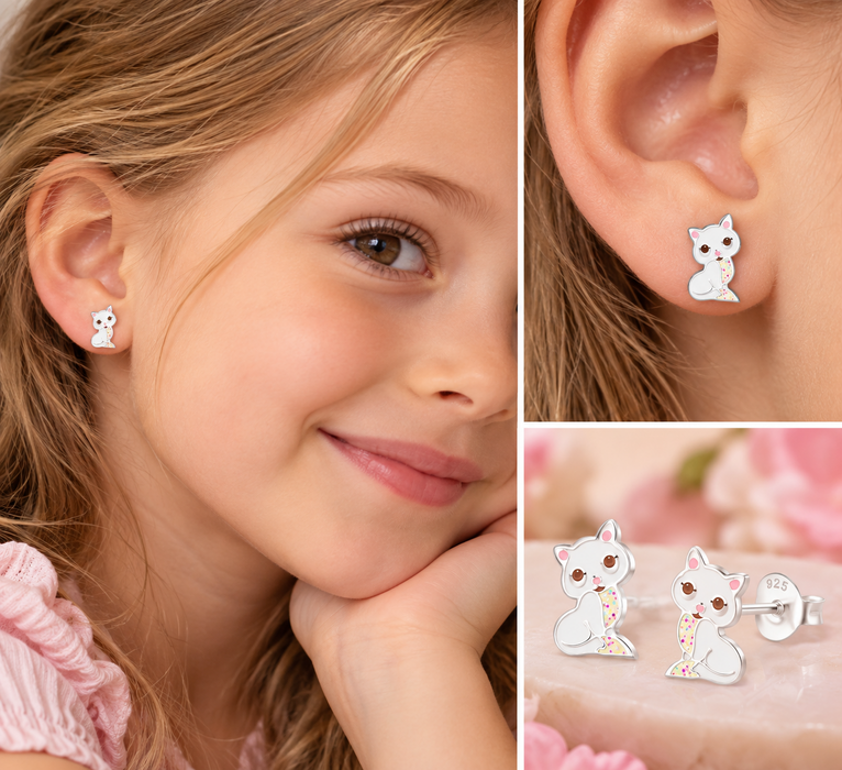 Joy|S - Zilveren kat poes oorbellen - 5 x 8 mm - wit met glitterbuikje - roze oortjes - kinderoorbellen