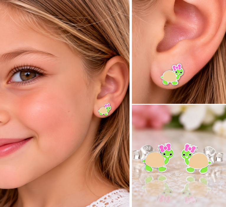 Joy|S - Zilveren schildpad oorbellen - met roze strikje - 9 x 8 mm