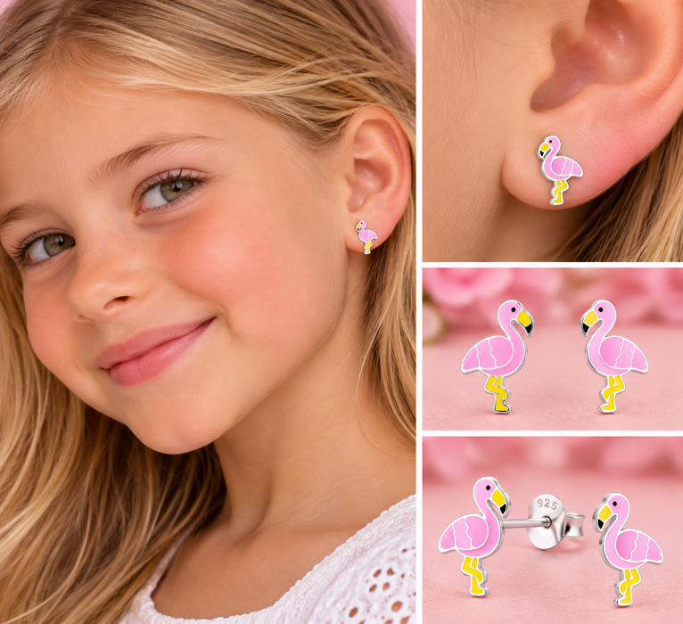 Joy|S - Zilveren Flamingo oorbellen - 7 x 9 mm - roze vogel - kinderoorbellen - roze flamingo oorknoppen - sterling zilver 925