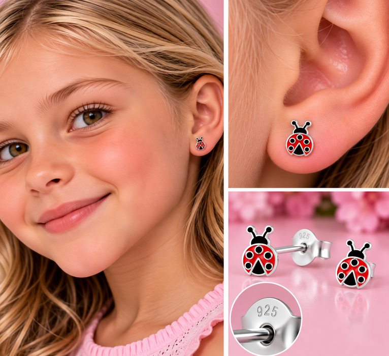 Joy|S - Zilveren lieveheersbeestje oorbellen - 6 x 8 mm - rood met zwarte stippen - sterling zilver 925 - kinderoorbellen
