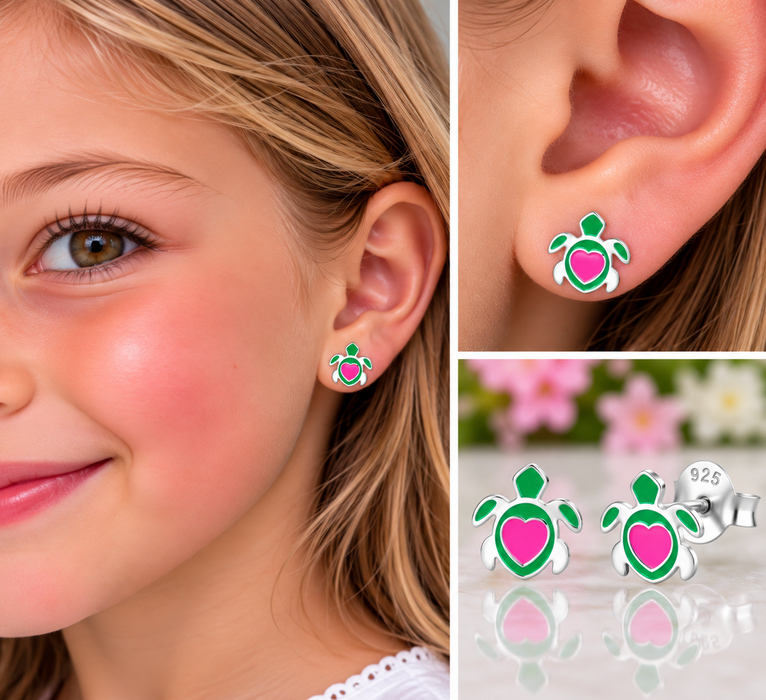 Joy|S - Zilveren schildpad oorbellen - 10 mm - groen met roze hartje