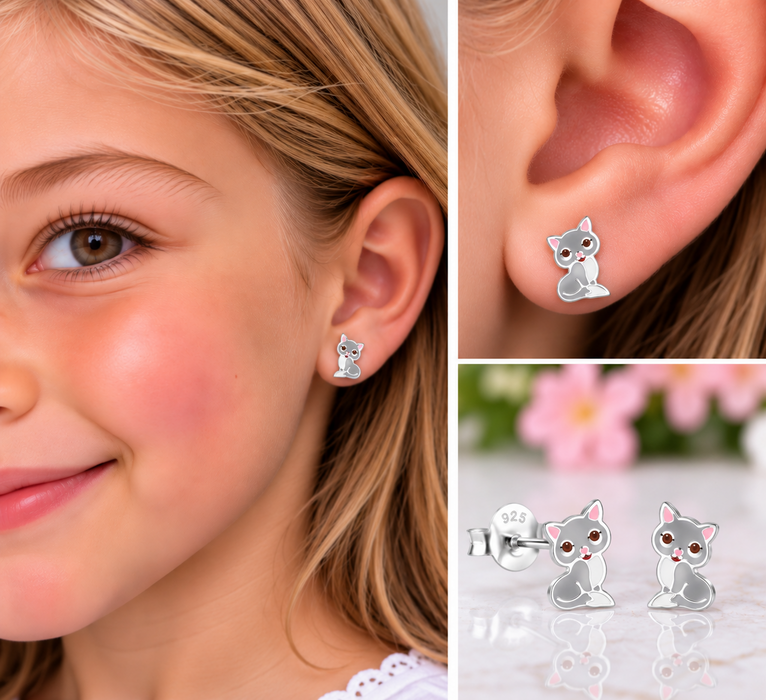Joy|S - Zilveren kat poes oorbellen - 5 x 8 mm - grijs met roze oortjes - kinderoorbellen