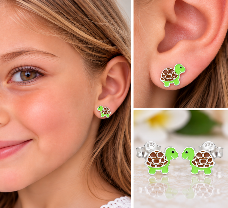 Joy|S - Zilveren schildpad oorbellen - 9 x 6 mm - groen bruin
