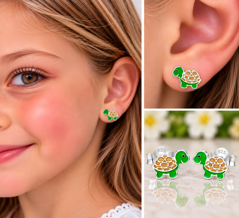 Joy|S - Zilveren schildpad oorbellen - 9 x 6 mm - bruin groen