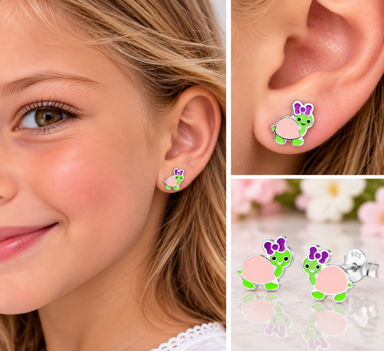 Joy|S - Zilveren schildpad oorbellen - roze met paarse strikje - 9 x 8 mm