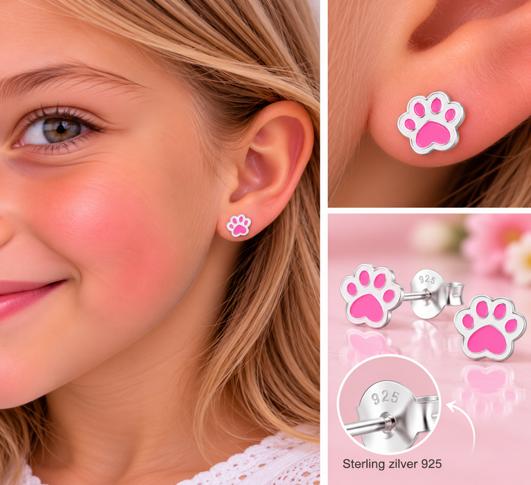 Joy|S - Zilveren kat hond dierenpoot oorbellen - poot afdruk - roze wit - 7 x 6 mm