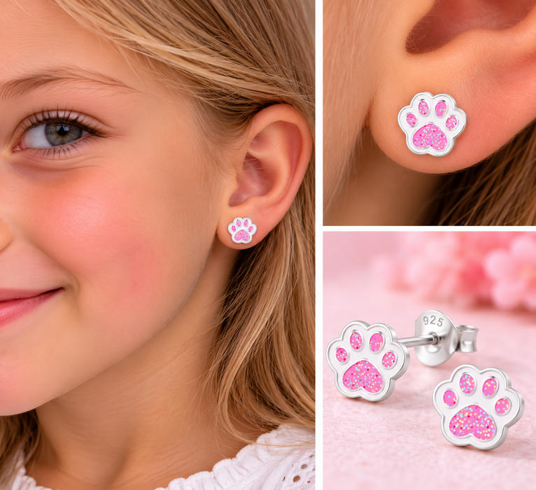 Joy|S - Zilveren kat hond dierenpoot oorbellen - poot afdruk - roze met wit met glitter - 7 x 6 mm