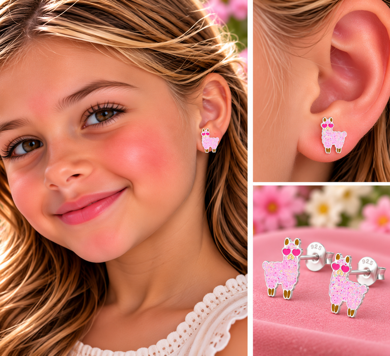 Joy|S - Zilveren Alpaca Lama oorbellen - 6 x 8 mm - roze met glitter en roze hartjes bril