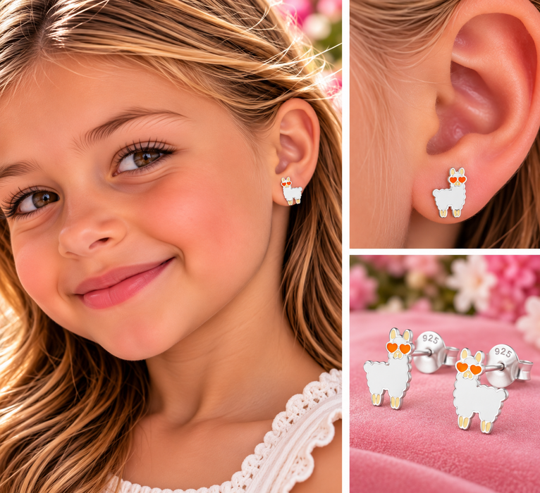Joy|S - Zilveren Alpaca Lama oorbellen - 6 x 8 mm - wit met oranje hartjes bril