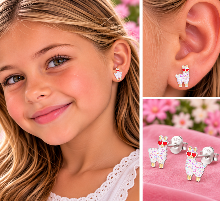 Joy|S - Zilveren Alpaca Lama oorbellen - 6 x 8 mm - glitter wit met rode hartjes bril