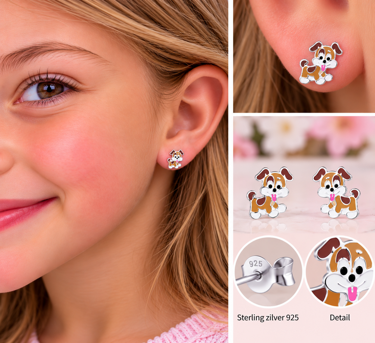 Joy|S - Zilveren hond oorbellen - 8 mm - kinderoorbellen