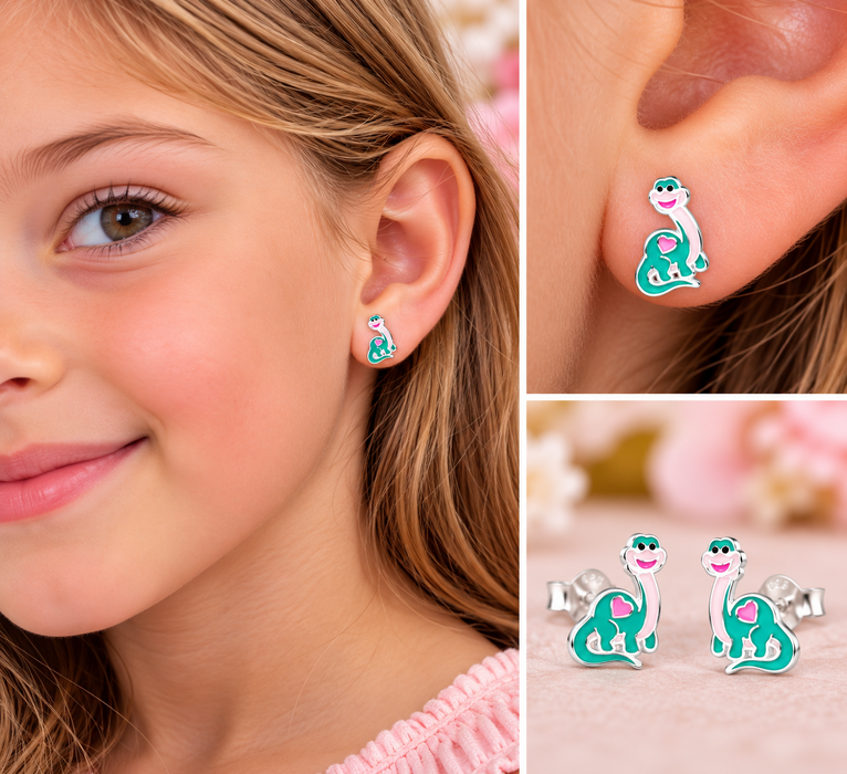 Joy|S - Zilveren dinosaurus oorbellen - 7 x 9 mm - roze hartje