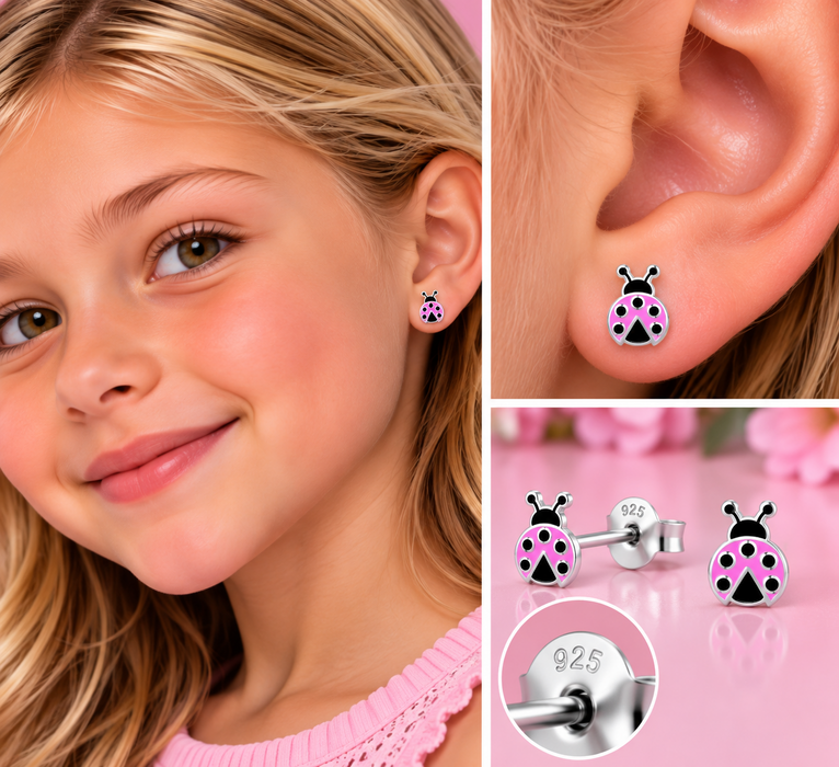 Joy|S - Zilveren lieveheersbeestje oorbellen - 6 x 8 mm - paars / lila met zwarte stippen - sterling zilver 925 - kinderoorbellen