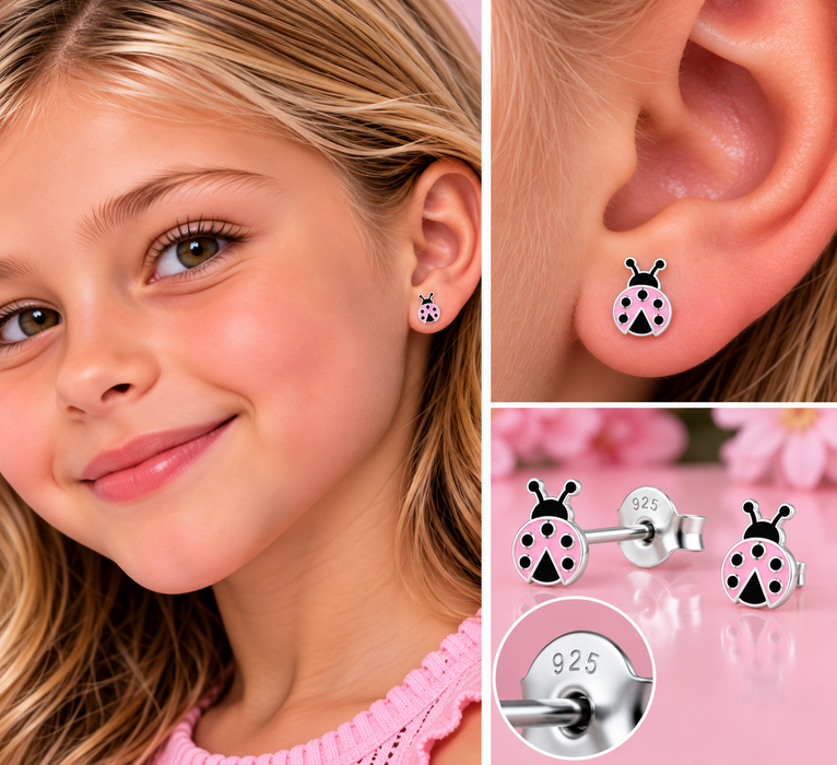 Joy|S - Zilveren lieveheersbeestje oorbellen - 6 x 8 mm - roze met zwarte stippen - sterling zilver 925 - kinderoorbellen