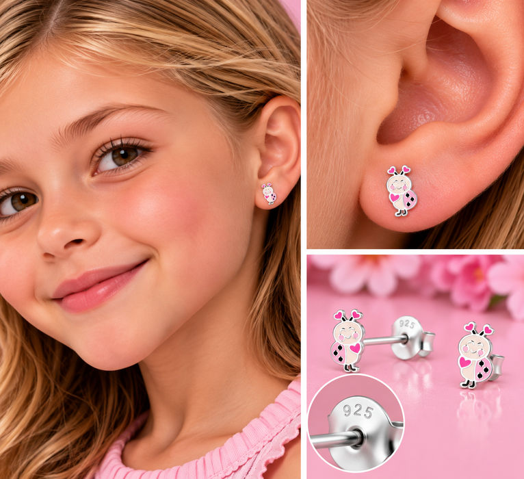 Joy|S - Zilveren lieveheersbeestje oorbellen - roze met hartjes - 4 x 9 mm - sterling zilver 925 - kinderoorbellen