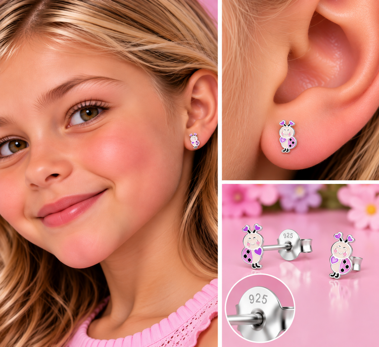 Joy|S - Zilveren lieveheersbeestje oorbellen - paars met hartjes - 4 x 9 mm - sterling zilver 925 - kinderoorbellen