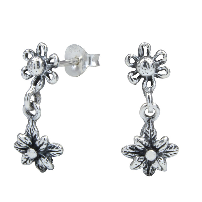 Joy|S - Zilveren bloem bedel oorbellen - geoxideerd - 8 x 19 mm