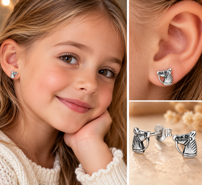 Joy|S - Zilveren paard oorbellen - 6 mm - paardenhoofd - geoxideerd