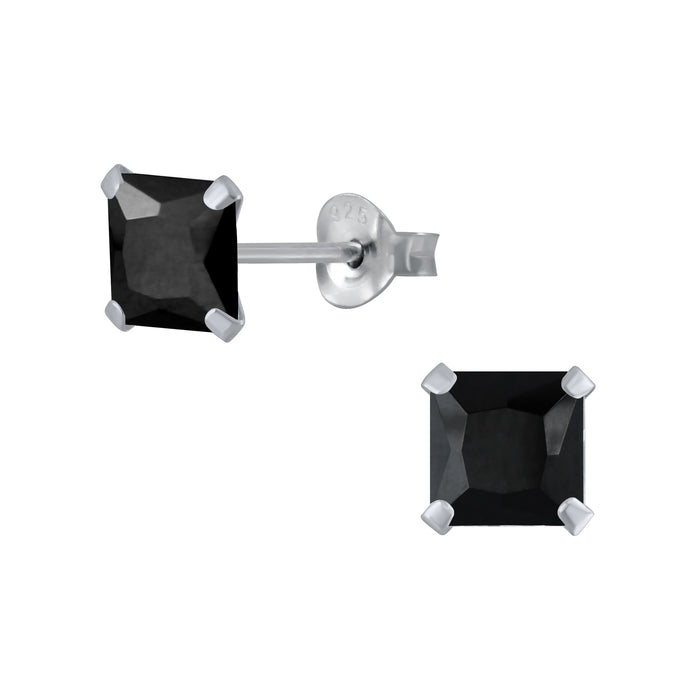 Joy|S - Zilveren vierkant oorbellen cubic zirkonia 7 mm zwart