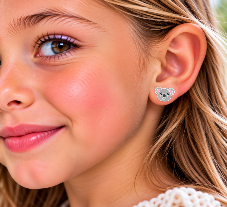 Joy|S - Zilveren koala oorbellen - 9 x 6 mm - grijs roze