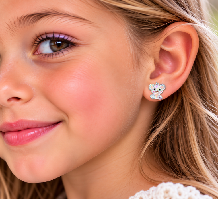Joy|S - Zilveren koala oorbellen - 8 mm - wit met glittertjes - kinderoorbellen
