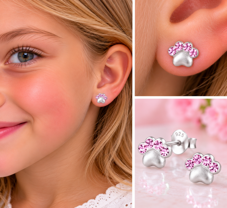Joy|S - Zilveren kat hond dierenpoot oorbellen - 8 x 6 mm - roze kristal - poot afdruk