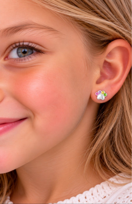 Joy|S - Zilveren kat hond dierenpoot oorbellen - 8 x 6 mm - kristal multicolor - poot afdruk