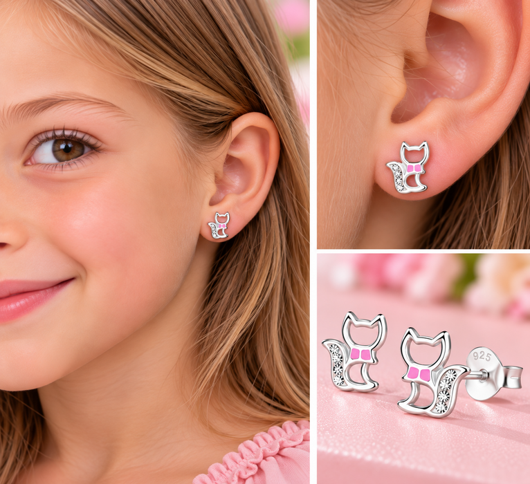 Joy|S - Zilveren kat poes oorbellen - zilver met roze strikje - 9 mm - kristal